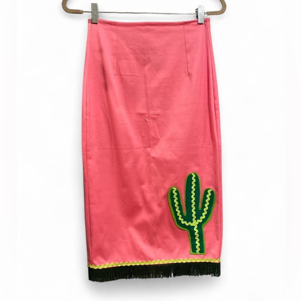 Mode Merr Pink Cactus Appliqué Fringe Hem Skirt Statement Western Size S